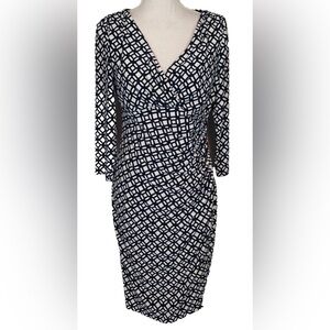 Ralph Lauren Faux Wrap Dress BLUE  white 3/4 Sleeve Splice Bodice v neck Size 10